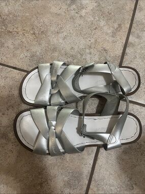 Salt Water Sandals by Hoy Metallic Silver Braided Strap Sandals